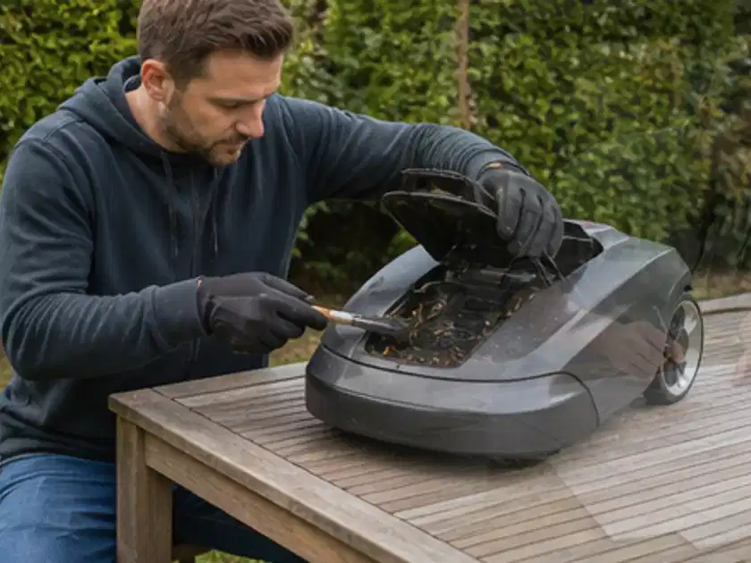 Person wartet einen geöffneten Mähroboter auf einem stabilen Gartentisch; Thema Mammotion Luba, Schwerpunkt Leistung; Titelbild.