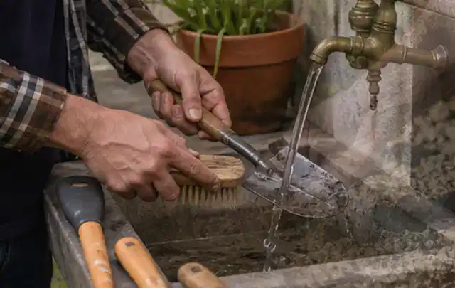 Hände reinigen gebrauchte Gartengeräte mit Bürste und Wasser am Außenbecken; Thema Mammotion Luba, Schwerpunkt Leistung; Kontrolle.