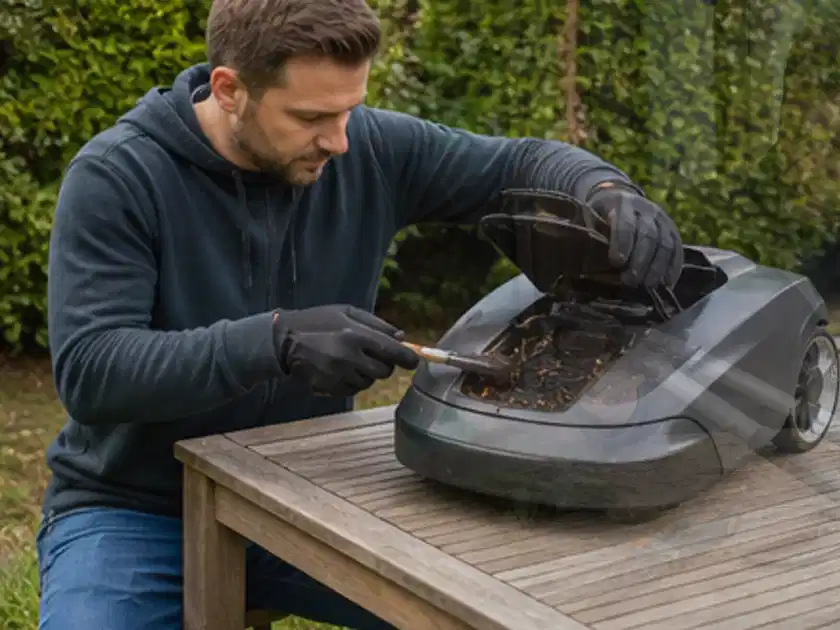 Person wartet einen geöffneten Mähroboter auf einem stabilen Gartentisch; Thema Mammotion Luba, Schwerpunkt Nachhaltigkeit; Titelbild.