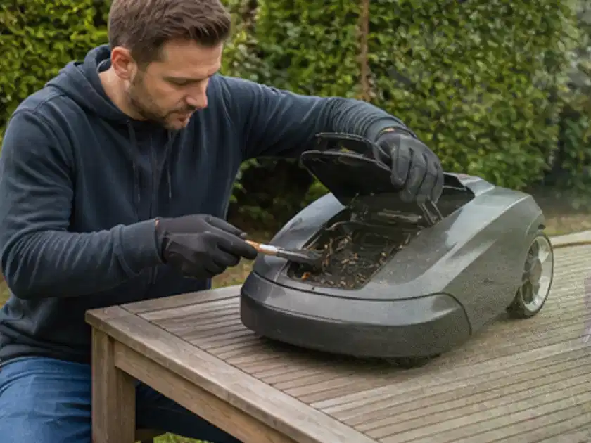 Person wartet einen geöffneten Mähroboter auf einem stabilen Gartentisch; Thema Mammotion Luba, Schwerpunkt Reinigung; Titelbild.