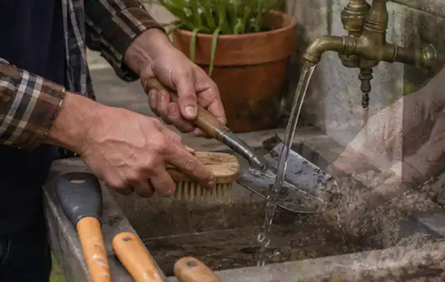Hände reinigen gebrauchte Gartengeräte mit Bürste und Wasser am Außenbecken; Thema Mammotion Luba, Schwerpunkt Reparatur; Praxisalltag.