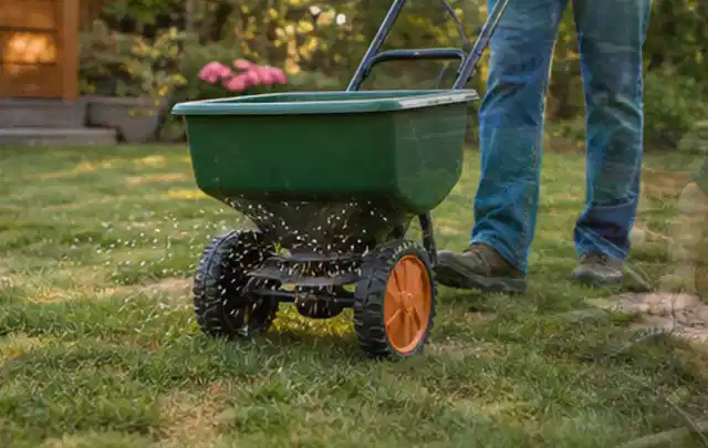 Person verteilt Rasensamen mit einem Streuwagen auf einer lückigen Fläche; Thema Mammotion Luba, Schwerpunkt Sicherheit; Ausgangslage.