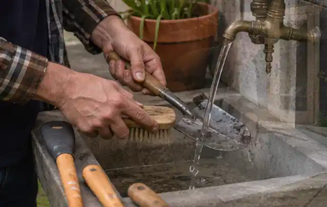 Hände reinigen gebrauchte Gartengeräte mit Bürste und Wasser am Außenbecken; Thema Mammotion Luba, Schwerpunkt Systemvergleich; Ausgangslage.