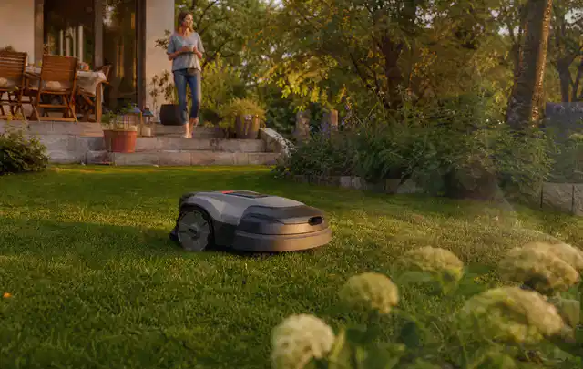 Mähroboter fährt am Abend über einen Rasen im Familiengarten; Thema Mammotion Luba, Schwerpunkt Vergleich; Kontrolle.