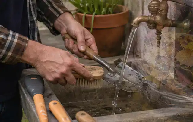 Hände reinigen gebrauchte Gartengeräte mit Bürste und Wasser am Außenbecken; Thema Mammotion Luba, Schwerpunkt Wartung; Umsetzung.
