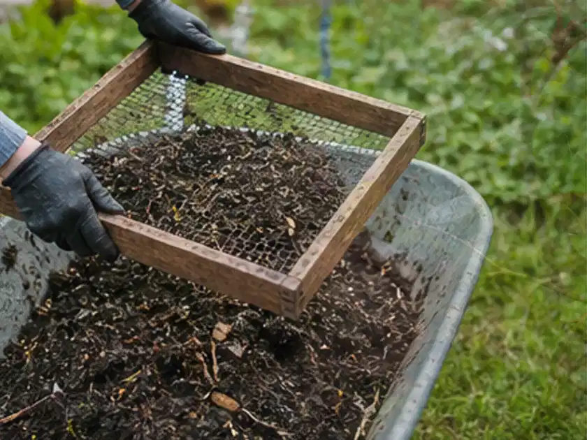 Behandschuhte Hände sieben reifen Kompost über einer Gartenschubkarre; Thema Mangold, Schwerpunkt Anbau; Titelbild.