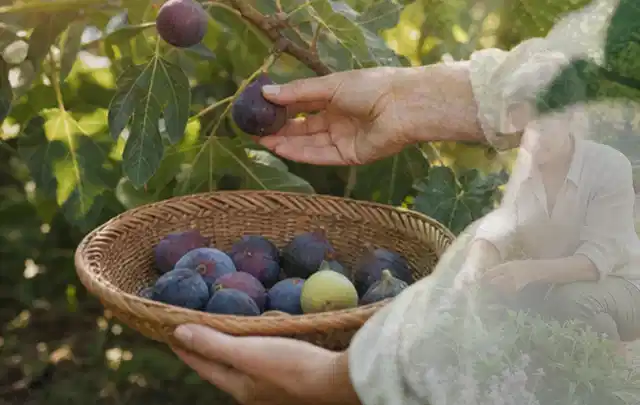 Hand pflückt eine reife Feige über einem flachen Korb mit Früchten; Thema Mangold, Schwerpunkt Boden; Ergebnis.