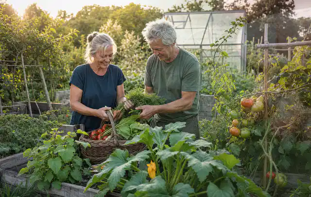 Zwei Personen ernten gemeinsam Gemüse in einem sonnigen Nutzgarten; Thema Mangold, Schwerpunkt Einsteigerwissen; Praxisalltag.