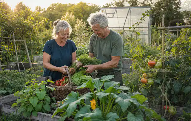 Zwei Personen ernten gemeinsam Gemüse in einem sonnigen Nutzgarten; Thema Mangold, Schwerpunkt Ernteprobleme; Umsetzung.