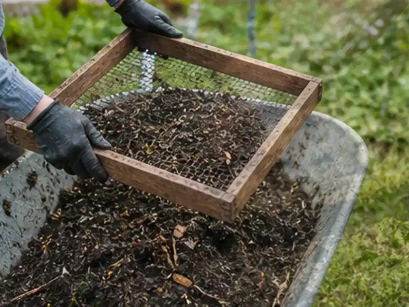Behandschuhte Hände sieben reifen Kompost über einer Gartenschubkarre; Thema Mangold, Schwerpunkt Fehlerhilfe; Titelbild.