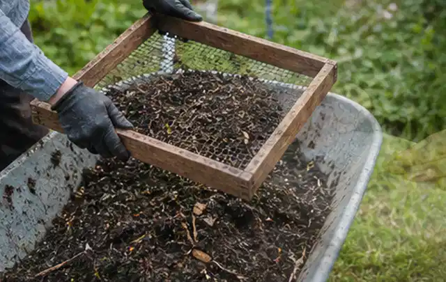 Behandschuhte Hände sieben reifen Kompost über einer Gartenschubkarre; Thema Mangold, Schwerpunkt Hochbeet; Ausgangslage.