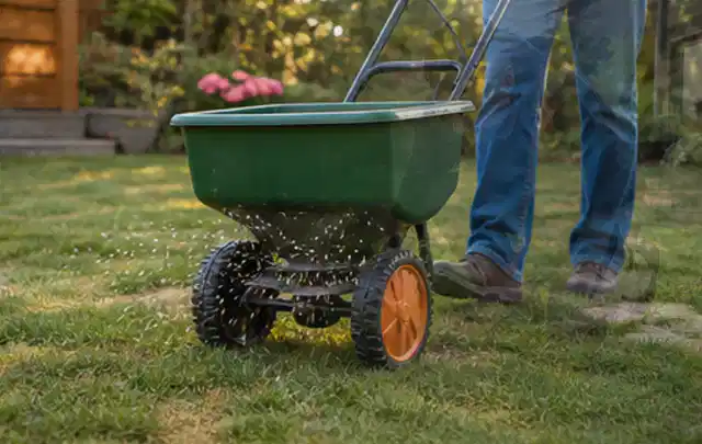 Person verteilt Rasensamen mit einem Streuwagen auf einer lückigen Fläche; Thema Marken, Schwerpunkt Mähroboter; Ergebnis.