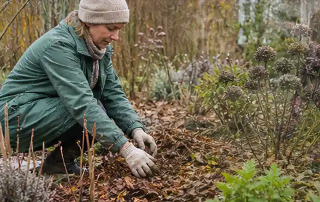 Person verteilt eine schützende Mulchschicht zwischen winterlichen Stauden; Thema Maulwürfe, Schwerpunkt Bestimmung; Praxisalltag.