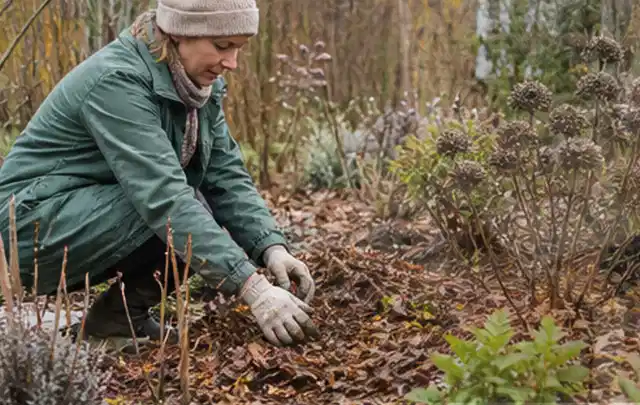 Person verteilt eine schützende Mulchschicht zwischen winterlichen Stauden; Thema Maulwürfe, Schwerpunkt Biologie; Umsetzung.