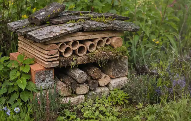 Naturnaher Unterschlupf aus Holz Rinde und Pflanzenstängeln im Garten; Thema Maulwürfe, Schwerpunkt Biologie; Praxisalltag.