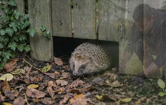 Igel nutzt einen bodennahen Durchgang unter einem hölzernen Gartenzaun; Thema Maulwürfe, Schwerpunkt Rasenhilfe; Ergebnis.