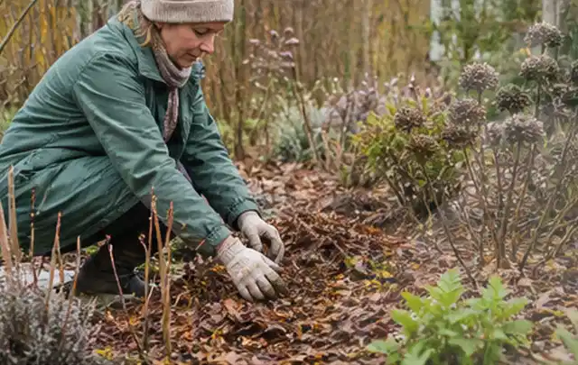 Person verteilt eine schützende Mulchschicht zwischen winterlichen Stauden; Thema Maulwürfe, Schwerpunkt Rasenhilfe; Praxisalltag.