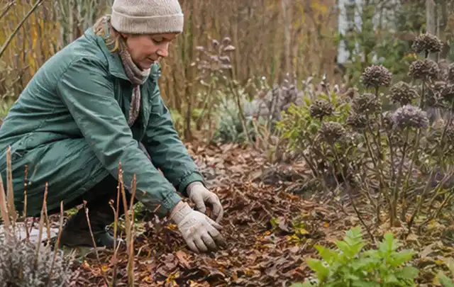 Person verteilt eine schützende Mulchschicht zwischen winterlichen Stauden; Thema Maulwürfe, Schwerpunkt Saison; Umsetzung.