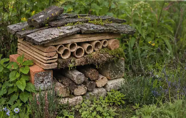 Naturnaher Unterschlupf aus Holz Rinde und Pflanzenstängeln im Garten; Thema Maulwürfe, Schwerpunkt Saison; Kontrolle.