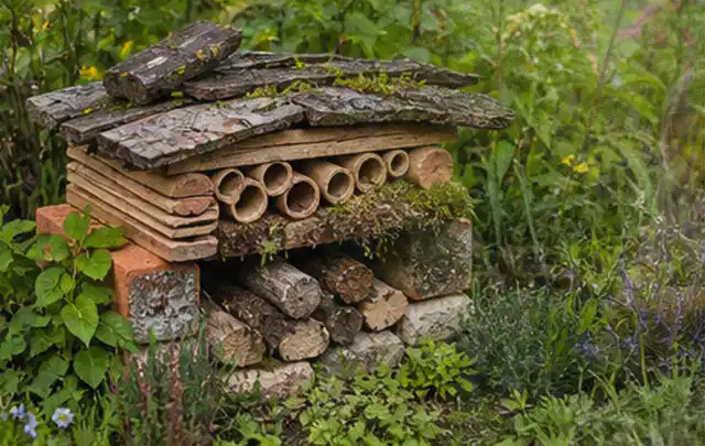 Naturnaher Unterschlupf aus Holz Rinde und Pflanzenstängeln im Garten; Thema Maulwürfe, Schwerpunkt Schadbild; Ausgangslage.