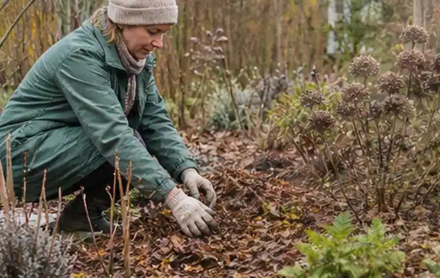 Person verteilt eine schützende Mulchschicht zwischen winterlichen Stauden; Thema Maulwürfe, Schwerpunkt Schadbild; Ergebnis.