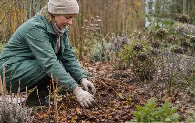 Person verteilt eine schützende Mulchschicht zwischen winterlichen Stauden; Thema Maulwürfe, Schwerpunkt Soforthilfe; Umsetzung.