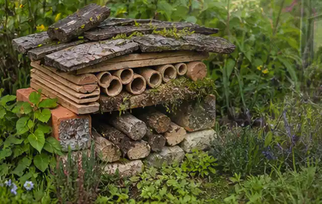 Naturnaher Unterschlupf aus Holz Rinde und Pflanzenstängeln im Garten; Thema Maulwürfe, Schwerpunkt Soforthilfe; Kontrolle.