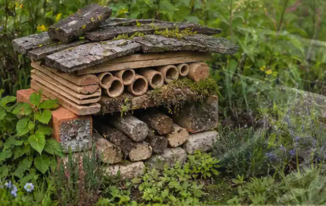 Naturnaher Unterschlupf aus Holz Rinde und Pflanzenstängeln im Garten; Thema Maulwürfe, Schwerpunkt Ursachen; Ergebnis.