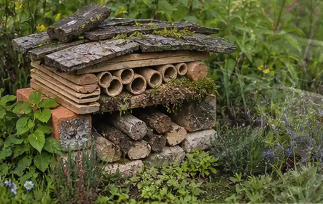 Naturnaher Unterschlupf aus Holz Rinde und Pflanzenstängeln im Garten; Thema Maulwürfe, Schwerpunkt Vorbeugung; Ausgangslage.