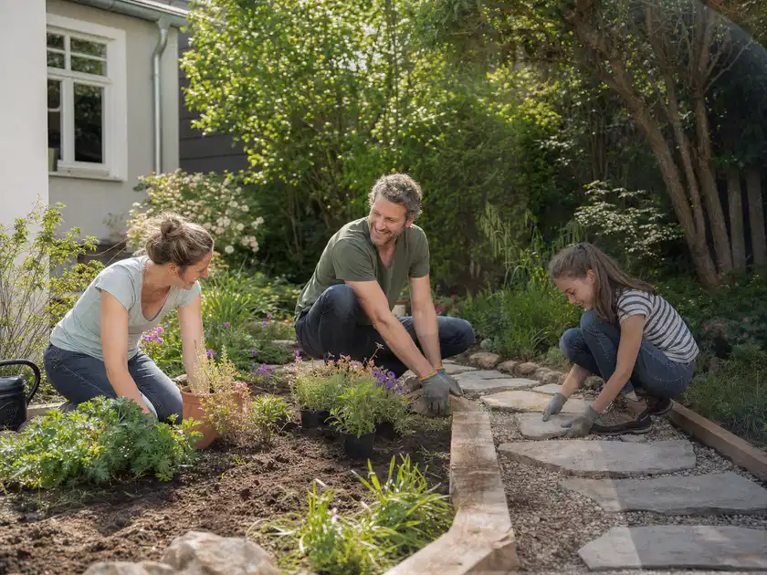 Familie geht auf einem Weg durch einen abwechslungsreich gestalteten Garten; Thema Mediterraner Garten, Schwerpunkt Anleitung; Titelbild.