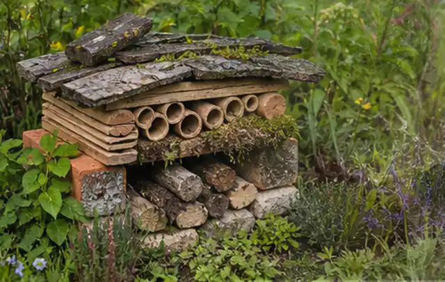Naturnaher Unterschlupf aus Holz Rinde und Pflanzenstängeln im Garten; Thema Mediterraner Garten, Schwerpunkt Anleitung; Ausgangslage.