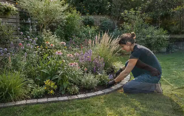 Person pflegt die klare Kante eines geschwungenen blühenden Staudenbeets; Thema Mediterraner Garten, Schwerpunkt Anleitung; Umsetzung.