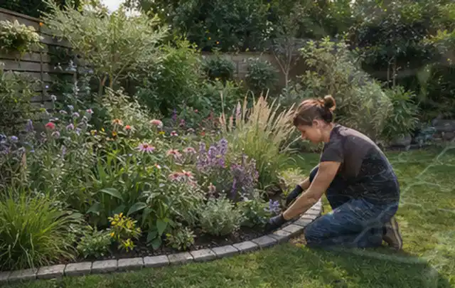 Person pflegt die klare Kante eines geschwungenen blühenden Staudenbeets; Thema Mediterraner Garten, Schwerpunkt Beleuchtung; Ausgangslage.