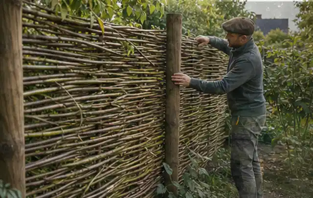 Person befestigt geflochtene Weidenruten an stabilen Holzpfosten im Garten; Thema Mediterraner Garten, Schwerpunkt Beleuchtung; Kontrolle.