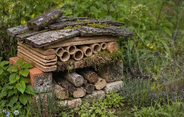 Naturnaher Unterschlupf aus Holz Rinde und Pflanzenstängeln im Garten; Thema Mediterraner Garten, Schwerpunkt Beleuchtung; Ergebnis.