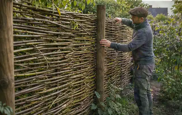Person befestigt geflochtene Weidenruten an stabilen Holzpfosten im Garten; Thema Mediterraner Garten, Schwerpunkt Bepflanzung; Kontrolle.