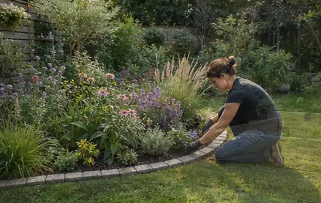 Person pflegt die klare Kante eines geschwungenen blühenden Staudenbeets; Thema Mediterraner Garten, Schwerpunkt Bepflanzung; Ergebnis.