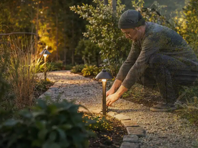 Person richtet eine niedrige warm leuchtende Gartenlampe am Kiesweg aus; Thema Mediterraner Garten, Schwerpunkt Checkliste; Titelbild.
