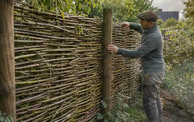 Person befestigt geflochtene Weidenruten an stabilen Holzpfosten im Garten; Thema Mediterraner Garten, Schwerpunkt Checkliste; Umsetzung.
