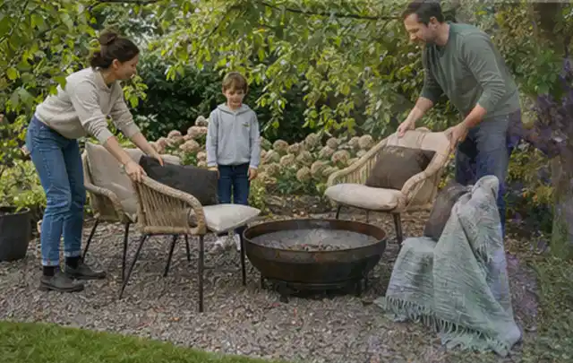 Familie stellt wetterfeste Sessel an einem geschützten Sitzplatz im Garten auf; Thema Mediterraner Garten, Schwerpunkt Checkliste; Ergebnis.