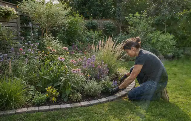 Person pflegt die klare Kante eines geschwungenen blühenden Staudenbeets; Thema Mediterraner Garten, Schwerpunkt Checkliste; Praxisalltag.