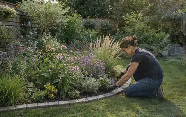 Person pflegt die klare Kante eines geschwungenen blühenden Staudenbeets; Thema Mediterraner Garten, Schwerpunkt Fehlerhilfe; Kontrolle.