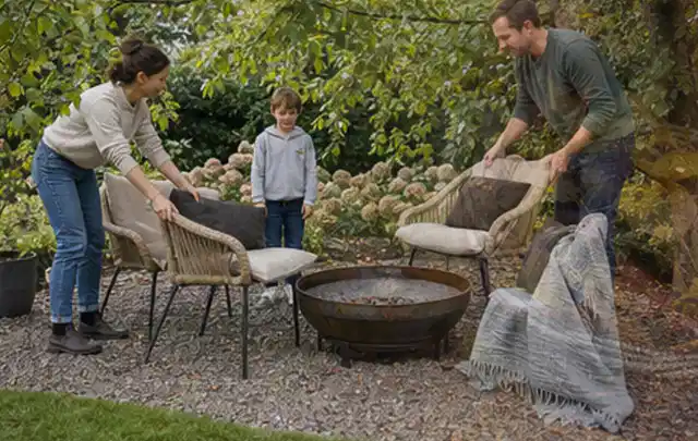 Familie stellt wetterfeste Sessel an einem geschützten Sitzplatz im Garten auf; Thema Mediterraner Garten, Schwerpunkt Fehlerhilfe; Ergebnis.