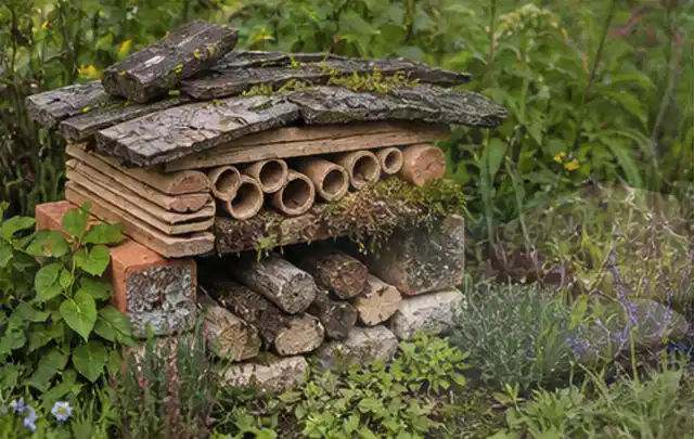 Naturnaher Unterschlupf aus Holz Rinde und Pflanzenstängeln im Garten; Thema Mediterraner Garten, Schwerpunkt Fehlerhilfe; Praxisalltag.