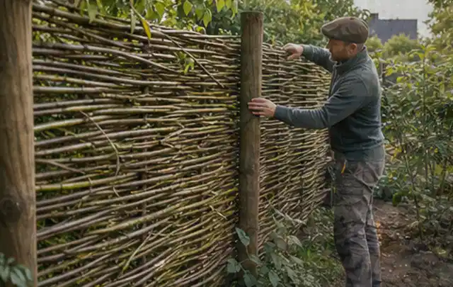 Person befestigt geflochtene Weidenruten an stabilen Holzpfosten im Garten; Thema Mediterraner Garten, Schwerpunkt mit kleiner Fläche; Ausgangslage.