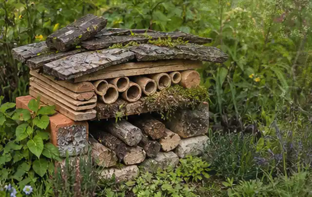 Naturnaher Unterschlupf aus Holz Rinde und Pflanzenstängeln im Garten; Thema Mediterraner Garten, Schwerpunkt mit kleiner Fläche; Kontrolle.