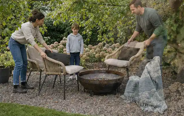 Familie stellt wetterfeste Sessel an einem geschützten Sitzplatz im Garten auf; Thema Mediterraner Garten, Schwerpunkt mit kleiner Fläche; Praxisalltag.
