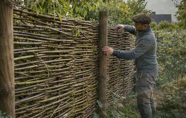 Person befestigt geflochtene Weidenruten an stabilen Holzpfosten im Garten; Thema Mediterraner Garten, Schwerpunkt gestalten; Umsetzung.