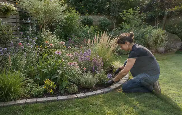 Person pflegt die klare Kante eines geschwungenen blühenden Staudenbeets; Thema Mediterraner Garten, Schwerpunkt Garten gestalten; Kontrolle.