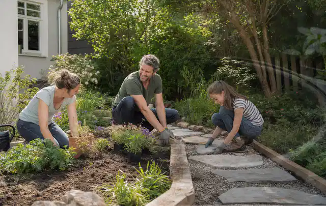 Familie geht auf einem Weg durch einen abwechslungsreich gestalteten Garten; Thema Mediterraner Garten, Schwerpunkt Hanglage; Ausgangslage.